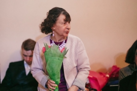 Поздравления получают старейший работник колледжа Анна Владимировна Брычёва.